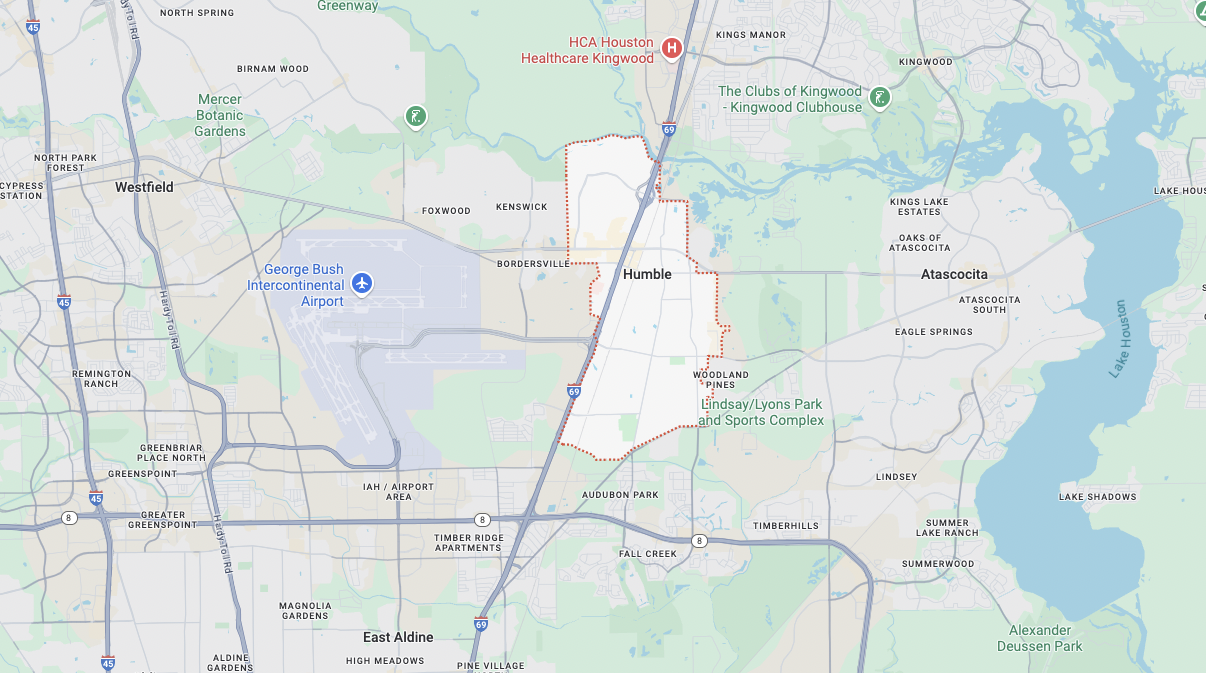 Detailed Google Maps view of Humble, TX, showing major highways I-69 and I-45, George Bush Intercontinental Airport, and surrounding areas like Kingwood and Atascocita